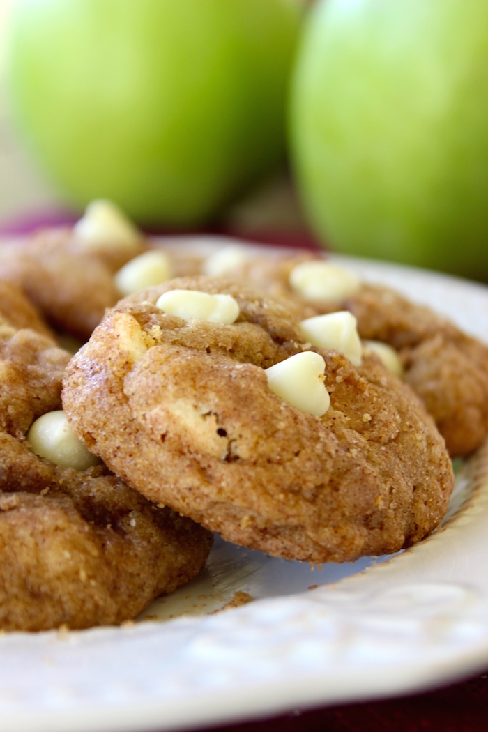 soft, cinnamon flavored cookies studded with apple and white chocolate bits. Everything you love about fall in a cookie!