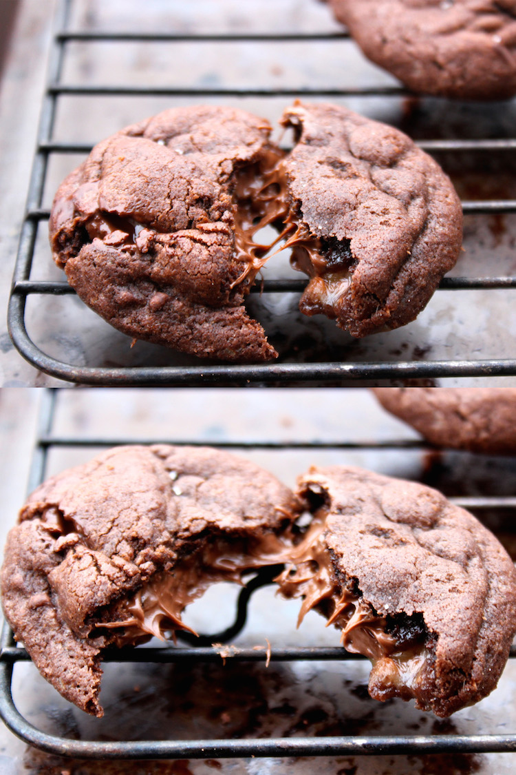 Nutella and Salted Caramel Stuffed Dark Chocolate Cookies. Perfection. #chocolate #caramell #Nutella #cookies