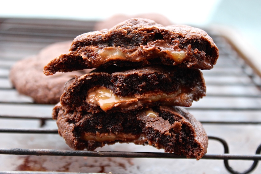 Nutella and Salted Caramel Stuffed Dark Chocolate Cookies. Perfection. #chocolate #caramell #Nutella #cookies