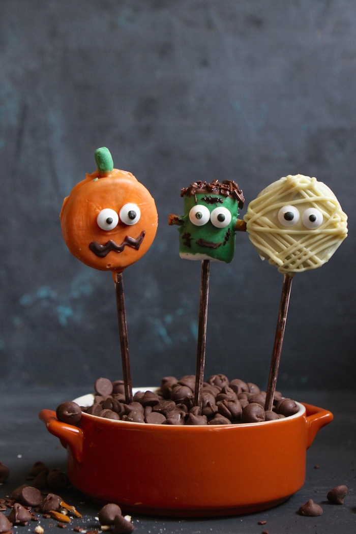 Easy DIY Frankenstein, Mummy and Pumpkin pops to kick-off Halloween.