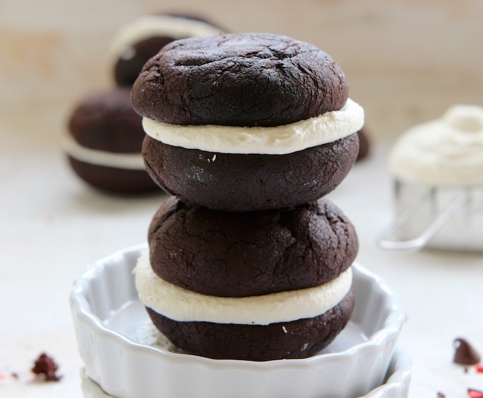 Classic chocolate whoopie pies: A dark, deep cake-like exterior sandwiched together with a billowy, marshmallow interior #hotchocolatehits
