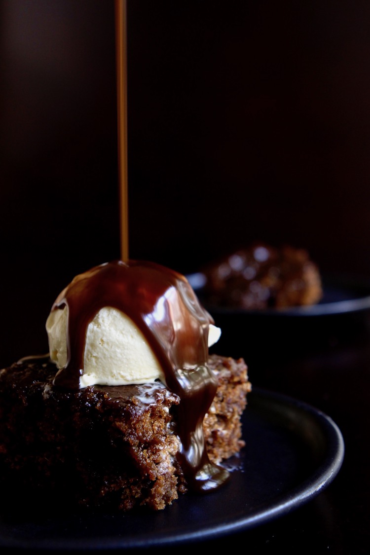 A soft date-studded cake served with warm toffee sauce and vanilla ice cream. Cosy, comforting, indulgent.