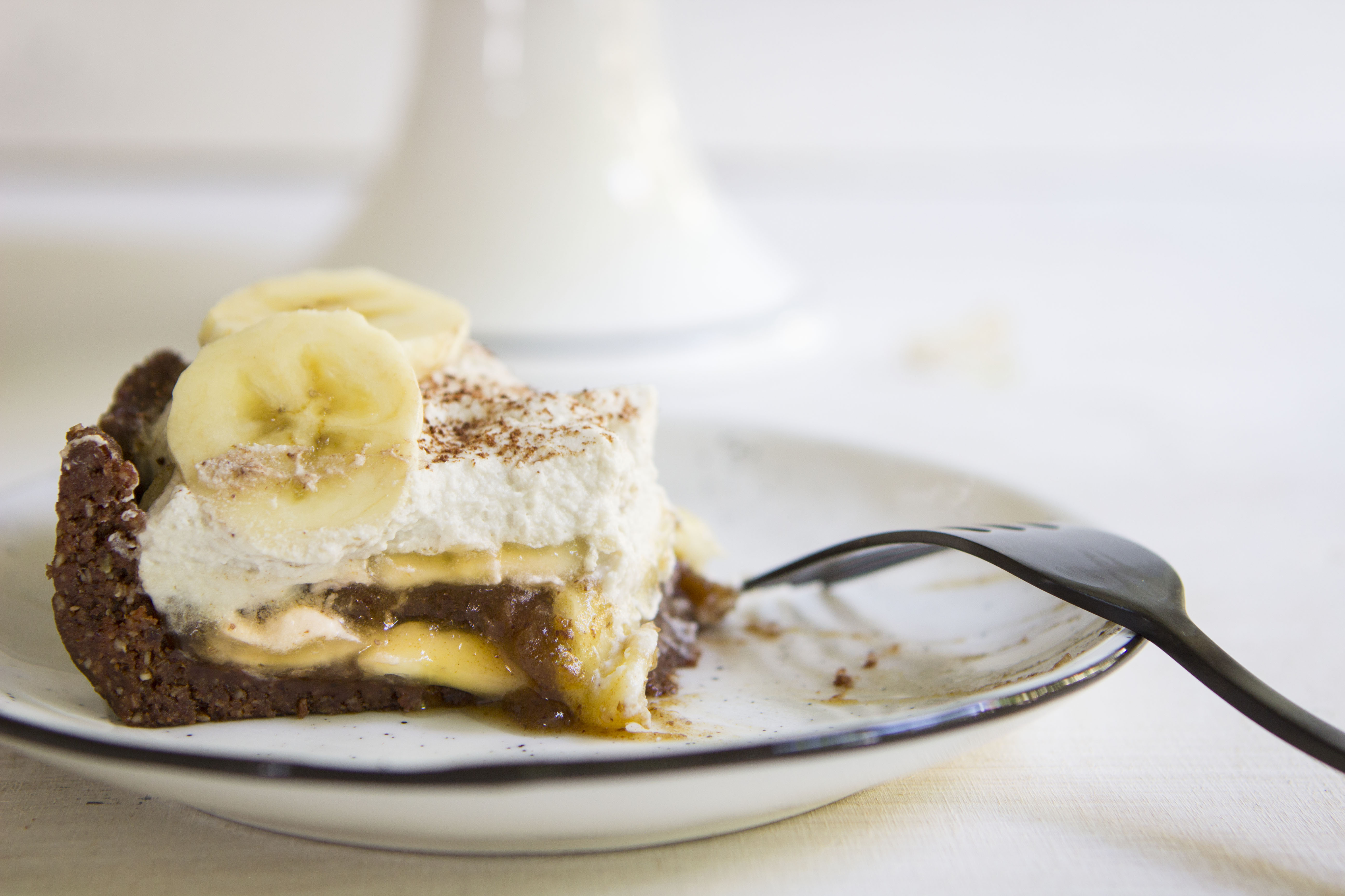 A decadent chocolate, coconut, caramel and banana tart (banoffee pie) that just so happens to be vegan.